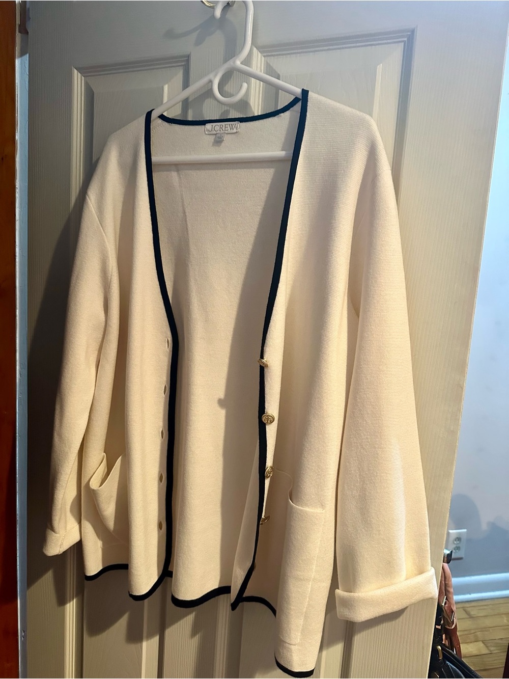 J. Crew Cream Cardigan with Black Trim and Gold Buttons